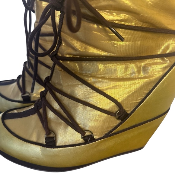 Vintage Colin Stuart Metallic gold Brown Lace Wedge Moon Boots Knee High 6.5 - Picture 7 of 15
